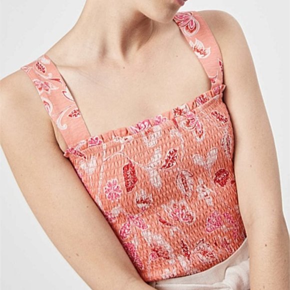 Witchery Tops - Witchery Pink Floral Shirred Frill Trim Square Neckline Cropped Tank Top Size XL